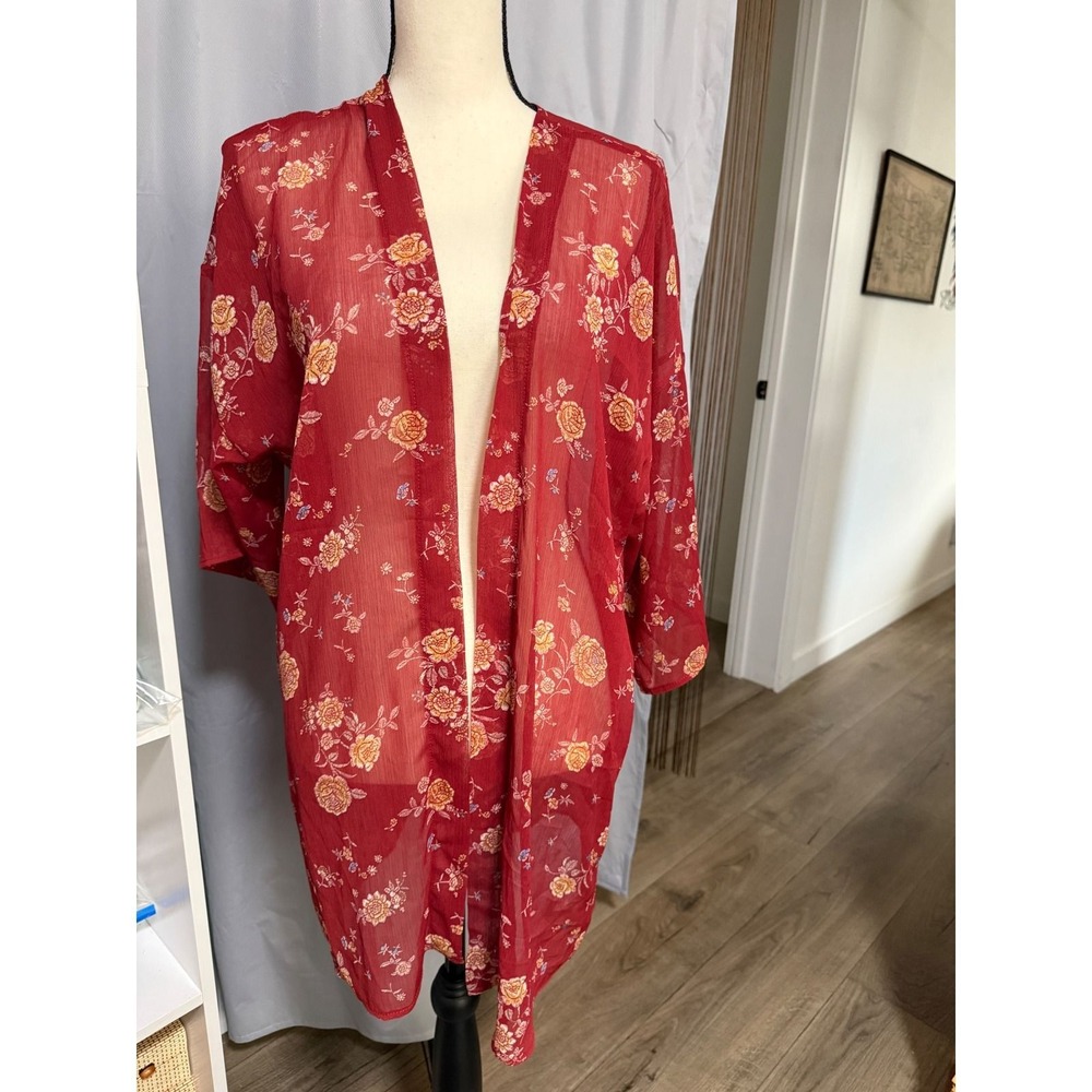 H.I.P. Red Floral Kimono Wrap Open Front Sheer Chiffon Cardigan SM